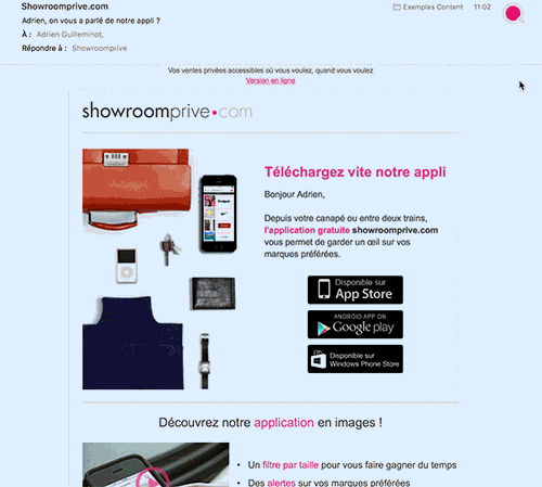 ALT text: Showroomprivé email example (images visible)