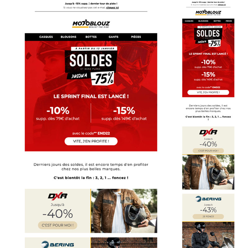 Exemple de campagne email marketing de Motoblouz pour les soldes