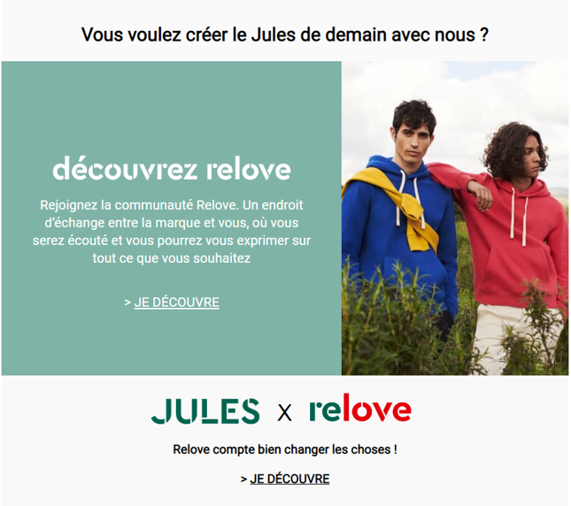 Visuel Relove de Jules : valeurs et engagements dans les emails de la marque